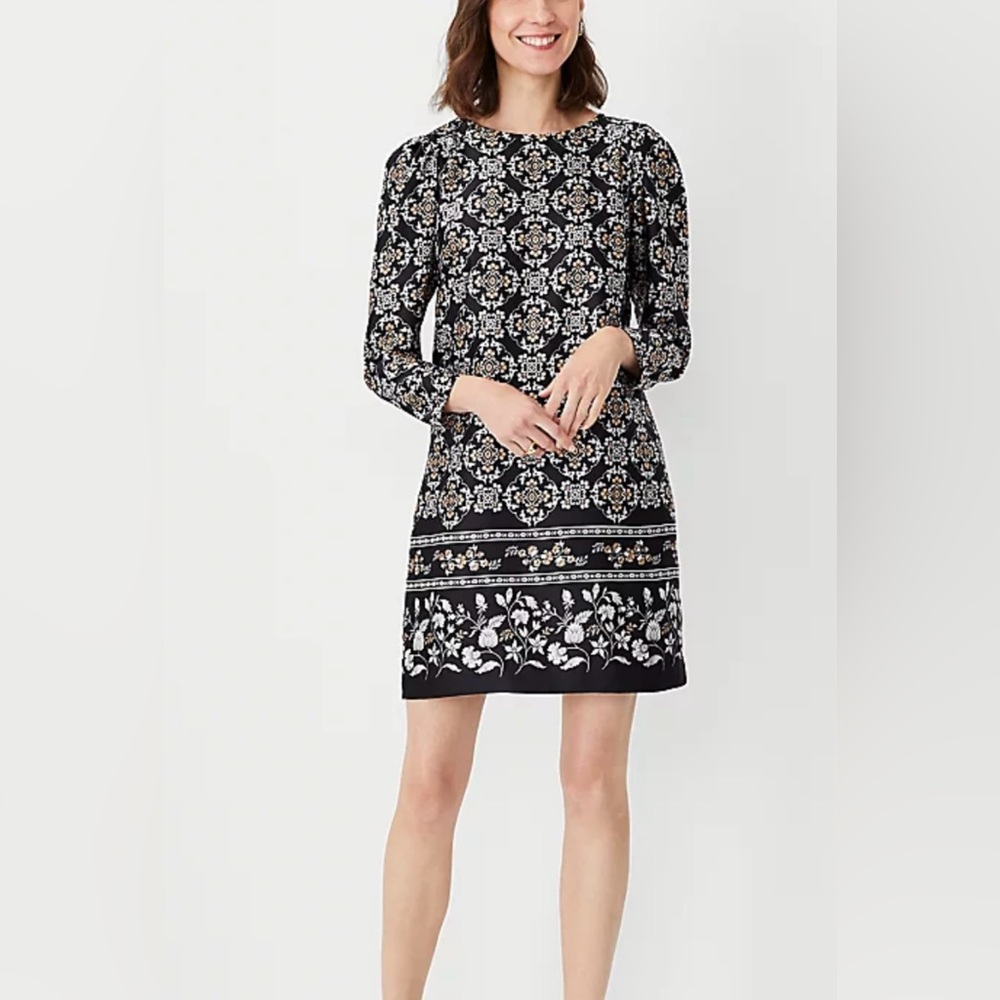 Ann Taylor Black Gem Floral Pattern Puff Shoulder Shift Dress
